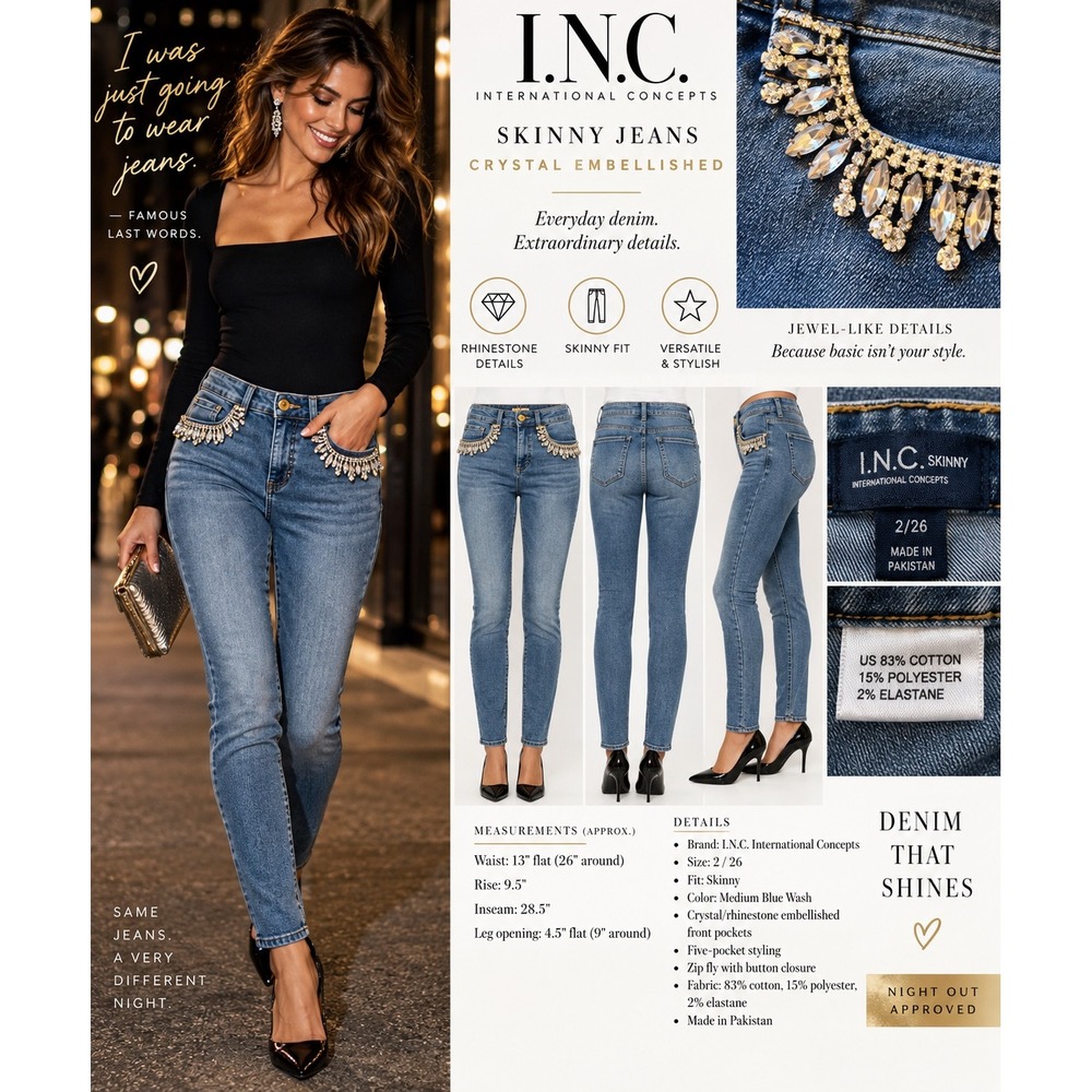 INC International Concepts Women 2 26 Skinny Blue Rhinestone Fringe Jeans